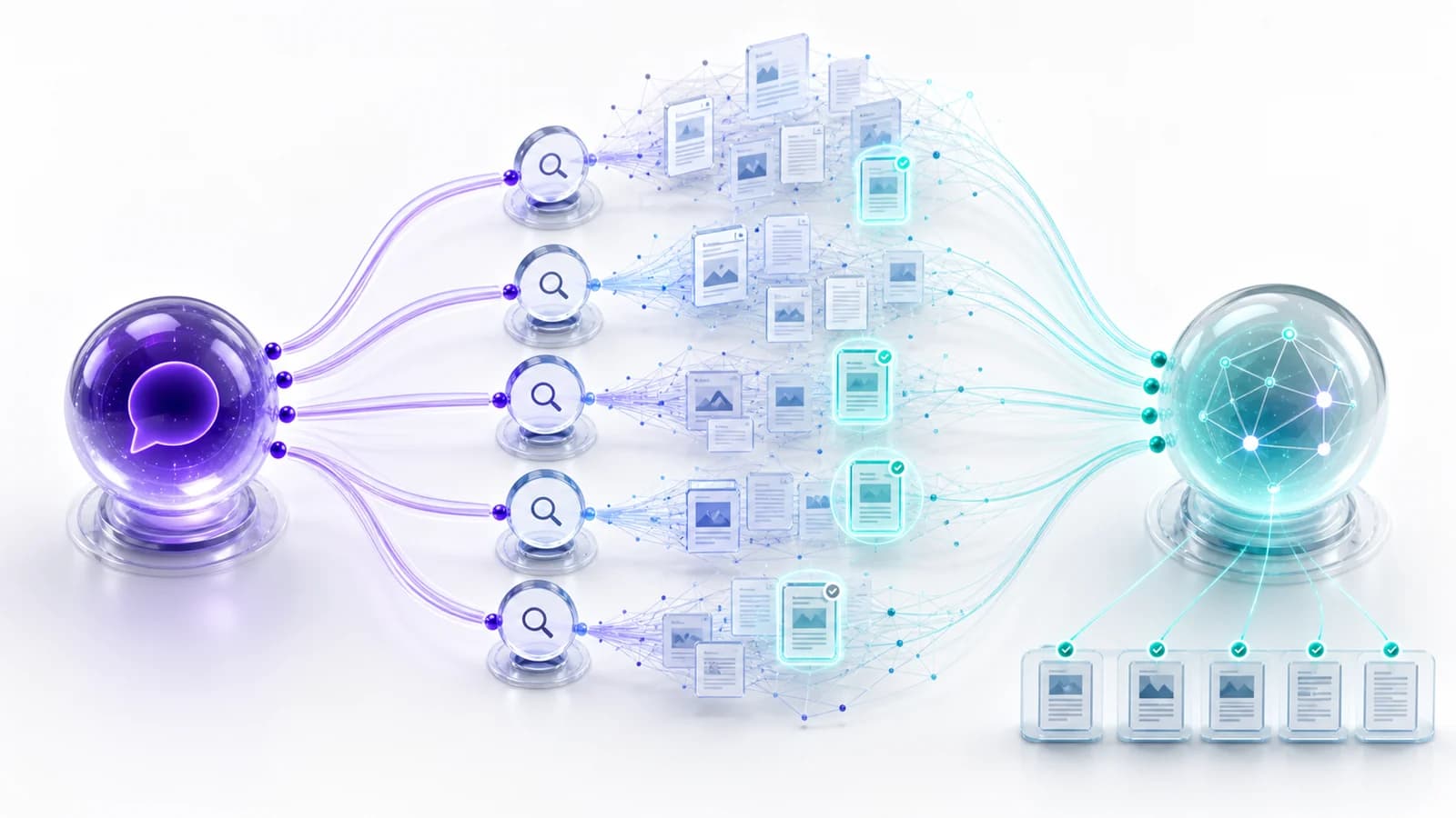 One conversational prompt branching into multiple targeted web searches