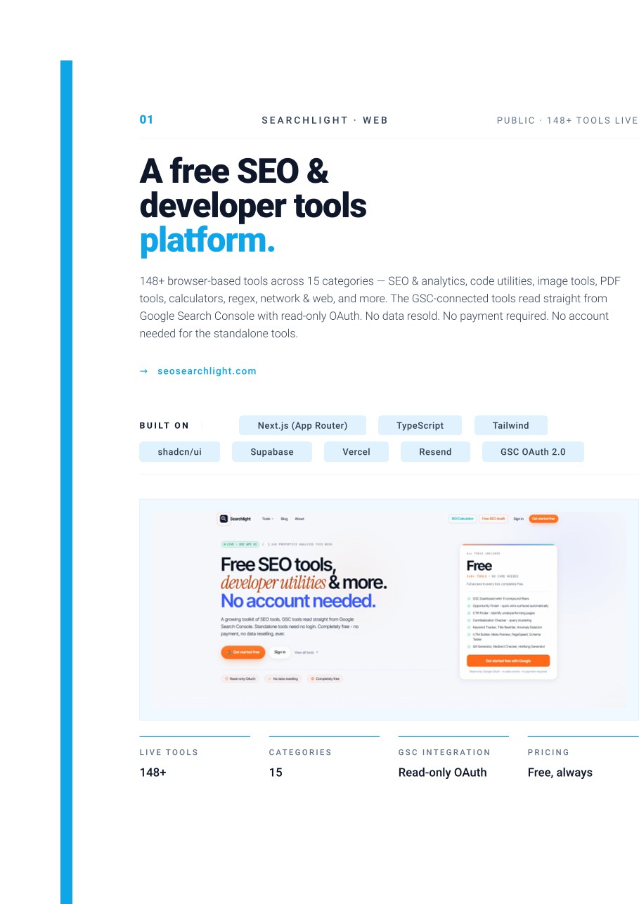 Searchlight web - a free SEO and developer tools platform with 148+ tools